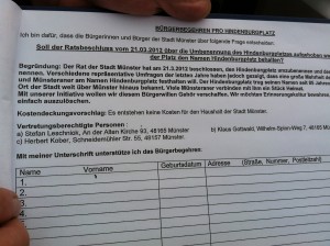 Unterschriftenaktion Umbennung Hindenburgplatz Münster